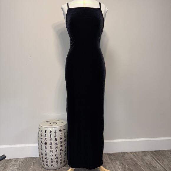 Vintage 90s Jump Black Stretch Velvet Spaghetti Strap Column Gown Back Vent 5/6 - Picture 1 of 13